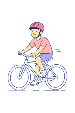 Boy Riding Bicycle Wearing Helmet, Smiling, Active Lifestyle, Outdoor Activity
