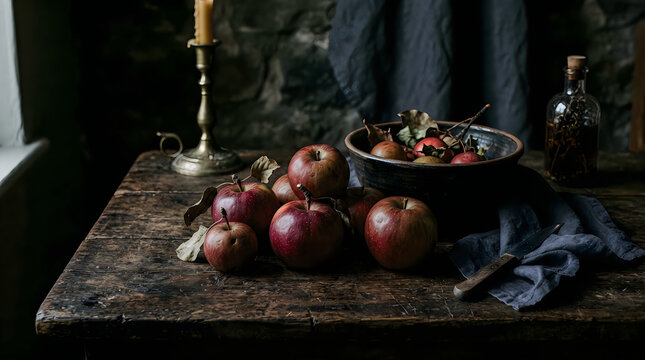 Fresh red apples in a dark bowl on a rustic wooden table with a candle in a moody vintage still life