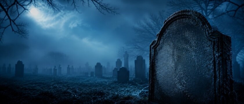 Spooky Halloween background with a full moon and eerie cemetery headstones at night in a foggy banner format