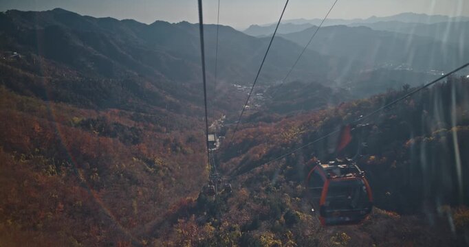 Aerial View of Cable Cars Over Autumnal Mountain Range