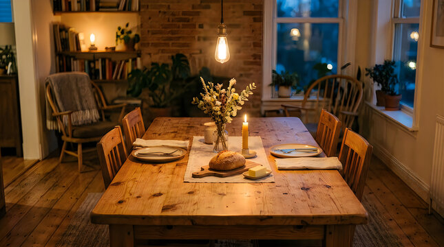 Cozy rustic dining room table set for a warm dinner with candles and flowers in a comfortable home house