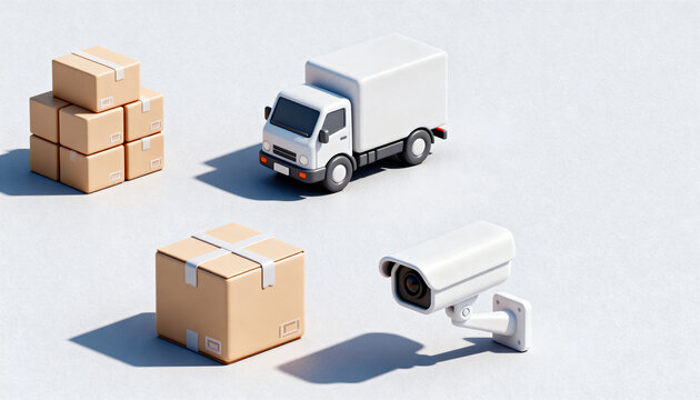 Isometric 3D scene of a small white delivery truck, stacked cardboard parcels and a security camera on a light grey background