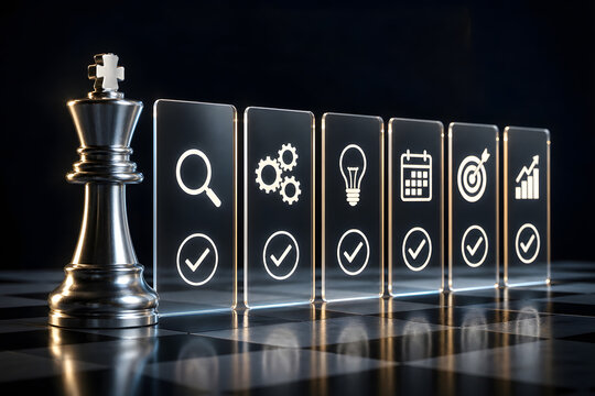 Visualize strategic planning with a chess king and key workflow icons on a chessboard