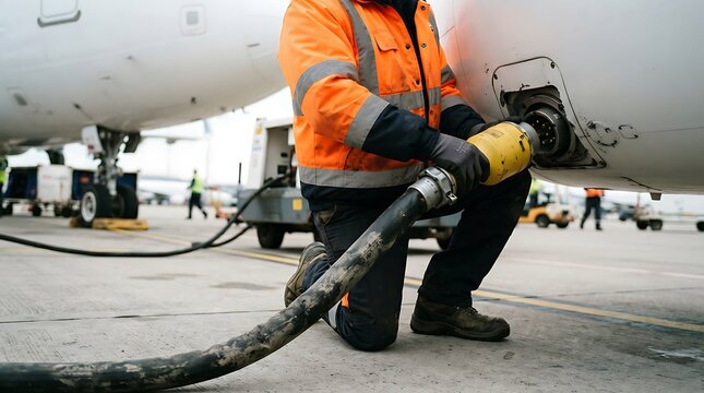 Airport ground crew refueling airplane with fuel hose on tarmac, aviation industry service, industrial operations, commercial transport.