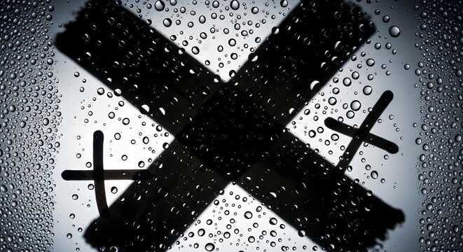 Black x mark and plus signs drawn on foggy glass with water drops creating abstract background.