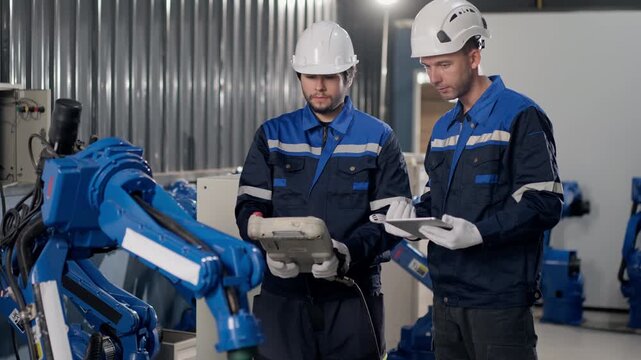 Robotics technicians inspect verifying customer specifications welding robot with teach pendant and tablet in warehouse, checking programming, performance, calibration before shipment.