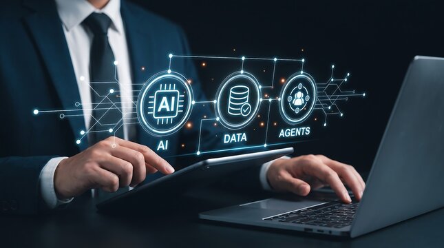 Business Professional Managing AI Agents Workflow for Digital Business Automation