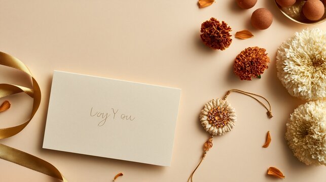 Raksha bandhan greeting card with marigold flowers, rakhi, and traditional sweets on a beige background, raksha bandhan themed photo realistic photo
