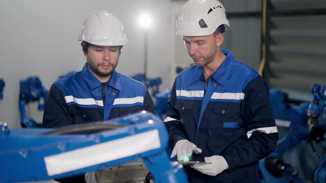 Robotic system integrators inspect customized welding robotic arm in warehouse, supporting robotics system integration, verifying robot programming, calibration, before customer delivery.