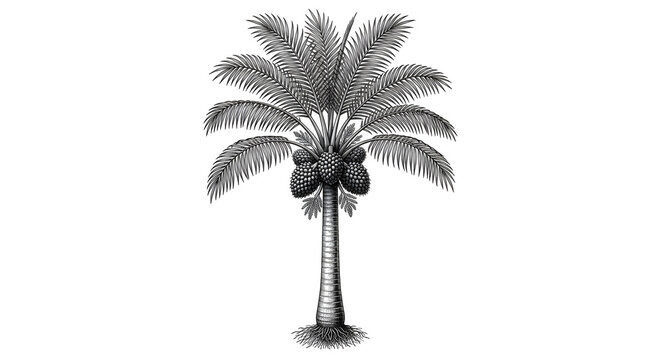 Vintage engraving style illustration of an oil palm tree with fruit bunches and fronds