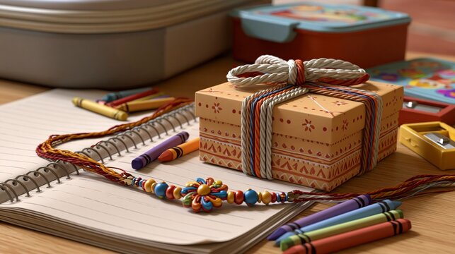 Raksha bandhan celebration with gift box and rakhi on a desk with school supplies, raksha bandhan themed photo realistic photo