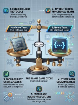 Software bug blame game infographic, hardware vs software team conflict on balance scale, IT project management diagram