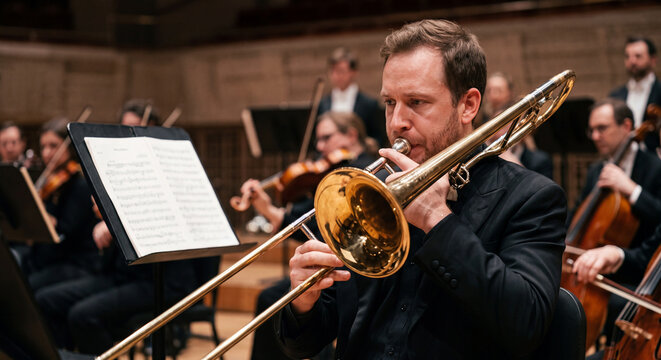 A focused male musician plays the trombone with intense concentration during a live orchestral performance.