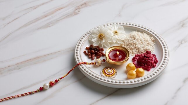 Raksha bandhan celebration with a traditional rakhi, diya, rice grains, and flowers on a marble surface, raksha bandhan themed photo realistic photo