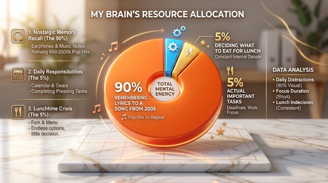 Conceptual brain resource allocation donut chart, mental energy infographic with 3D pie graph, humorous psychology data visualization on focus