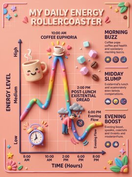 Claymorphism daily energy rollercoaster infographic, 3D clay style productivity chart, pastel mental health and caffeine cycle illustration