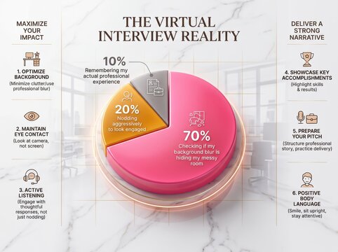 Virtual interview reality infographic, business pie chart with career tips, professional recruitment data visualization on marble background