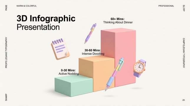 3D infographic presentation slide, pastel bar chart with office supplies, creative business data visualization template