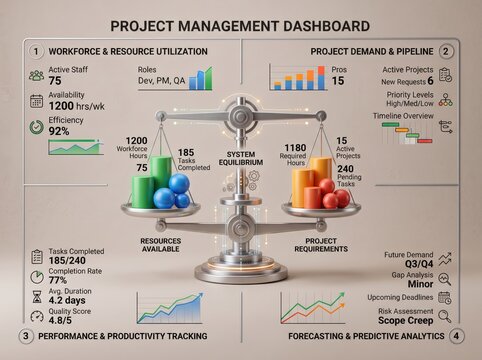 Project management dashboard with 3D scales, business data visualization for resource utilization, professional analytics infographic