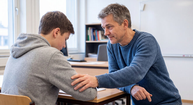 A caring father sitting next to his teenage son and putting a comforting hand on his shoulder in a classroom setting.
