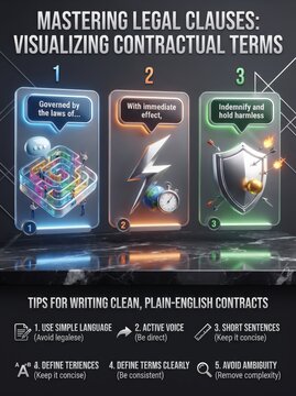 Legal clauses infographic for visualizing contractual terms. Contract writing tips with 3D icons. Professional law and business agreement guide.