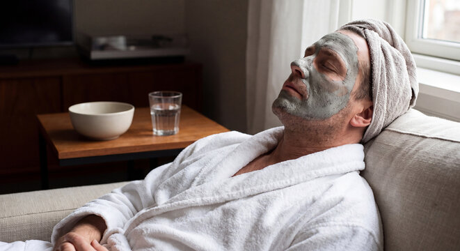 A man relaxing comfortably on a living room couch wearing a cosmetic clay facial mask and a white bathrobe.
