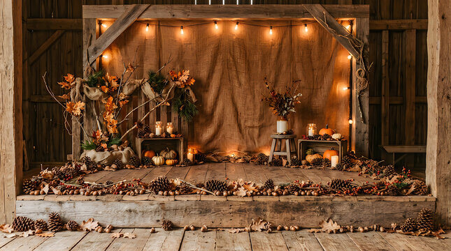 Rustic autumn photo backdrop with wooden floor pumpkins and warm glowing string lights for photography