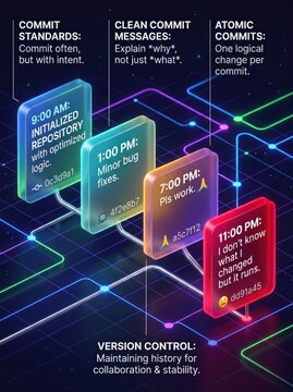 Software version control infographic, git commit messages and standards illustration, isometric coding workflow on dark background