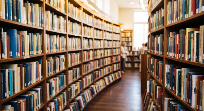 A large classic wooden library interior features towering bookshelves filled with countless books and a warm inviting scholarly atmosphere.