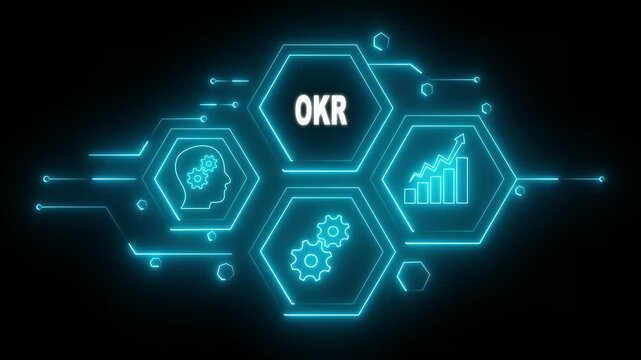 Okr Abstract neon Hud knowledge ability business gear icon Glowing neon line concept. Glowing "" button in German on a futuristic, abstract wave technology on black background.