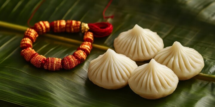 Traditional indian modak sweets served on a banana leaf with a decorative rakhi thread, raksha bandhan themed photo realistic photo
