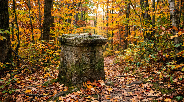 Old mossy stone pillar standing in a beautiful autumn forest with golden leaves on the ground