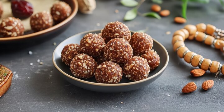 Traditional indian til ladoo or sesame seeds balls served in a small bowl with prayer beads, raksha bandhan themed photo realistic photo