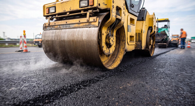 A heavy yellow steam roller compacting fresh hot asphalt during road construction and paving work.