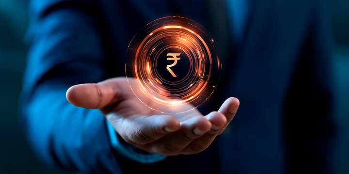 Businessman holding glowing digital Indian rupee symbol hologram over his extended hand