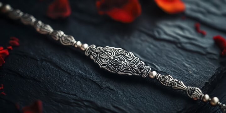 Intricate antique silver bracelet with floral filigree design on a dark textured stone background, raksha bandhan themed photo realistic photo