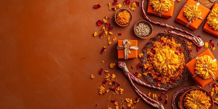 Festive raksha bandhan celebration with gifts, marigold flowers, and traditional rakhi threads, raksha bandhan themed photo realistic photo