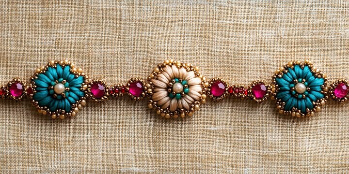A collection of traditional indian rakhi bracelets with colorful decorative centers and beaded strings, raksha bandhan themed photo realistic photo