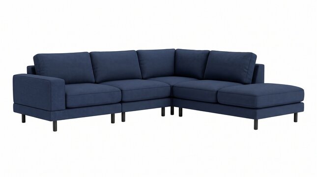 Modern navy blue sectional sofa with chaise lounge, contemporary fabric corner couch for living room interior, comfortable upholstered modular seating isolated PNG with Transparent Background