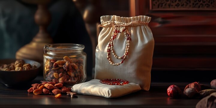 Still life with a small fabric pouch, prayer beads, and a jar of nuts on a wooden table, raksha bandhan themed photo realistic photo