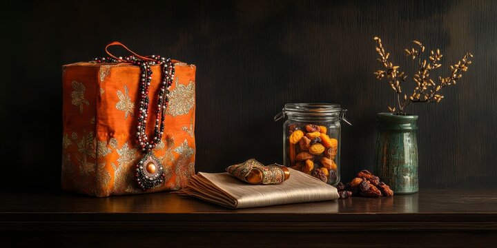 Still life with a small fabric pouch, prayer beads, and a jar of nuts on a wooden table, raksha bandhan themed photo realistic photo