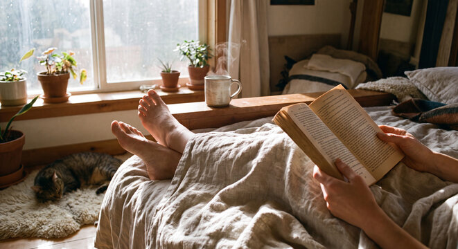 A person relaxes comfortably in bed under a blanket with their feet propped up while reading an open book on a lazy morning.