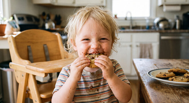 A happy toddler child sits in a wooden high chair in a bright kitchen eating a cookie and smiling joyfully at the camera.