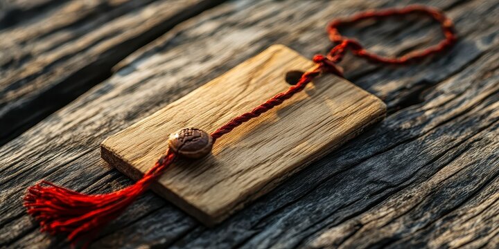 Blank wooden gift tag with red string on rustic wooden background, raksha bandhan themed photo realistic photo