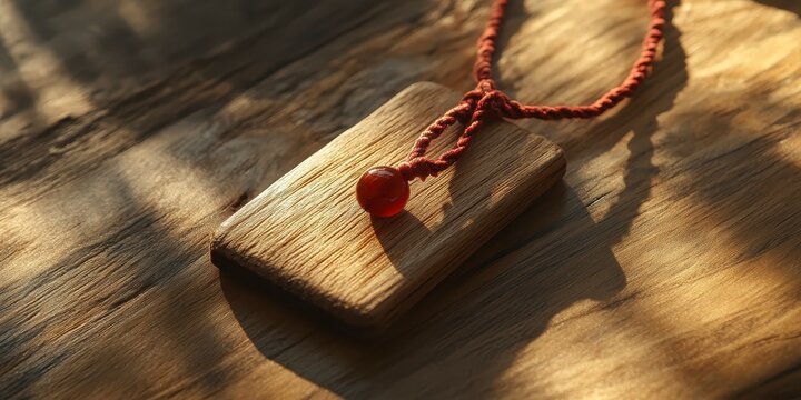 Blank wooden gift tag with red string on rustic wooden background, raksha bandhan themed photo realistic photo