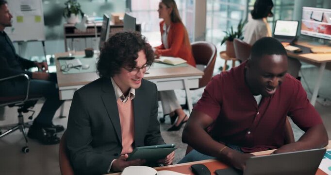 Business people, fist bump and team in discussion with laptop or intern in creative startup. Coworking, success or manager with tech for learning, celebration or event coordinator on tablet for notes