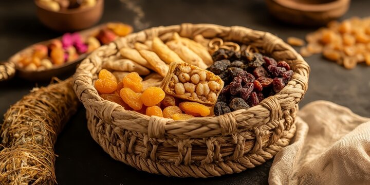 A rustic basket filled with dried fruits and square crackers on a wooden table with draped fabric, raksha bandhan themed photo realistic photo