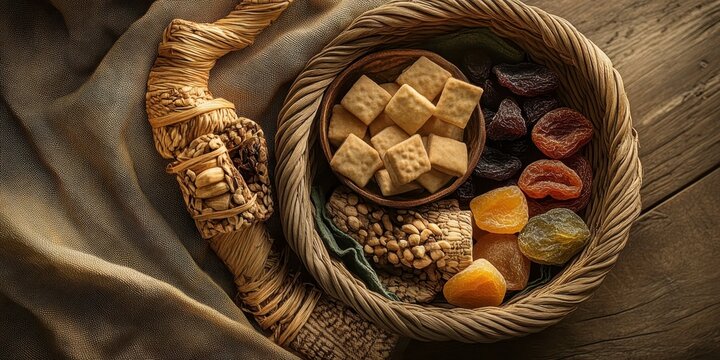A rustic basket filled with dried fruits and square crackers on a wooden table with draped fabric, raksha bandhan themed photo realistic photo