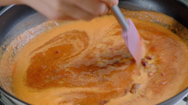 Hands stir red beans and spices in a pan on a stovetop during cooking in Cooking.
