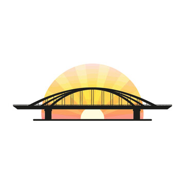 Arch Bridge Silhouette Against Geometric Sunset Sun